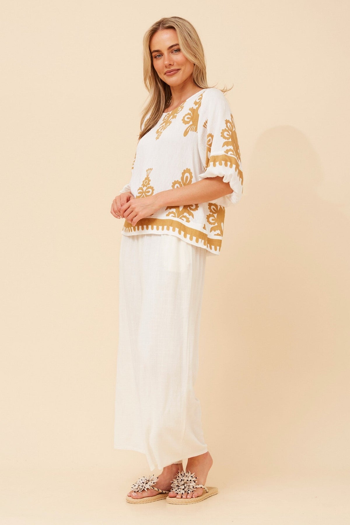Caroline Morgan Australia LIESL BORDER PRINT TOP (Beige)
