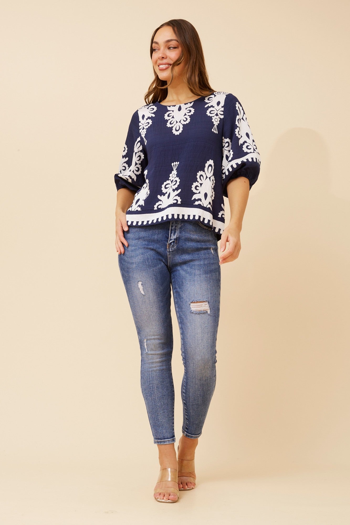 LIESL BORDER PRINT TOP (Beige)
