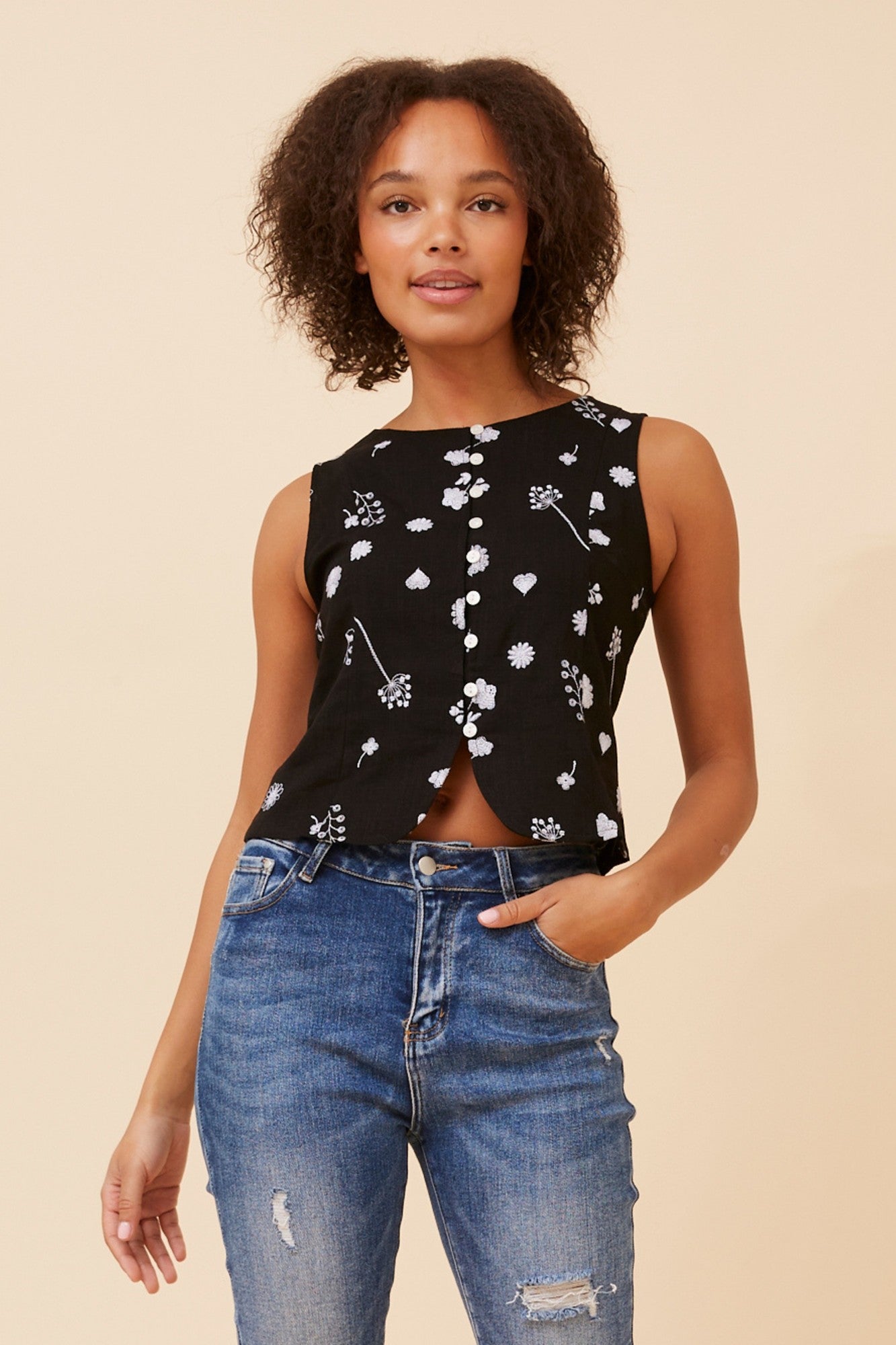 Image of Coats & Jackets. Product name - ROCH FLORAL EMBROIDERED VEST in Black colour by brand - Caroline Morgan Australia