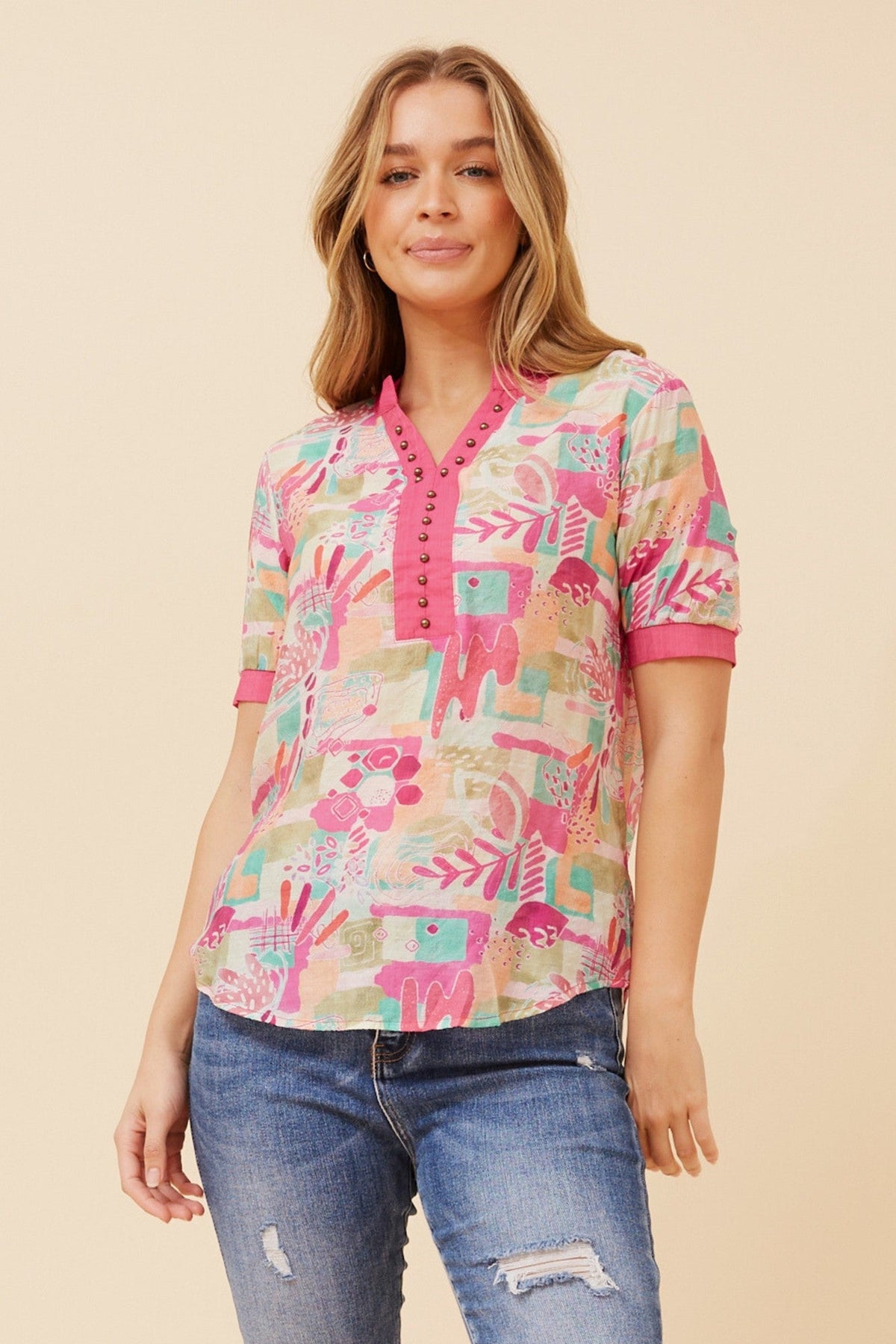 ARCHELLE ABSTRACT PRINT TOP (Multi Pink)