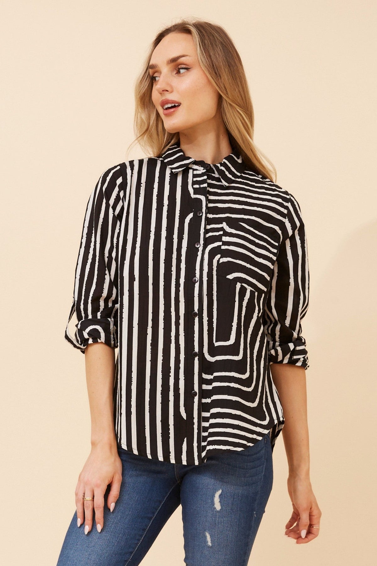 MARGARET STRIPE PRINT TOP (Black)