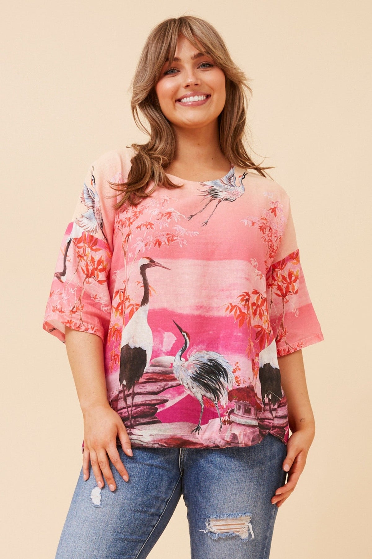 BABS BIRD PRINT LINEN TOP (Multi Pink)