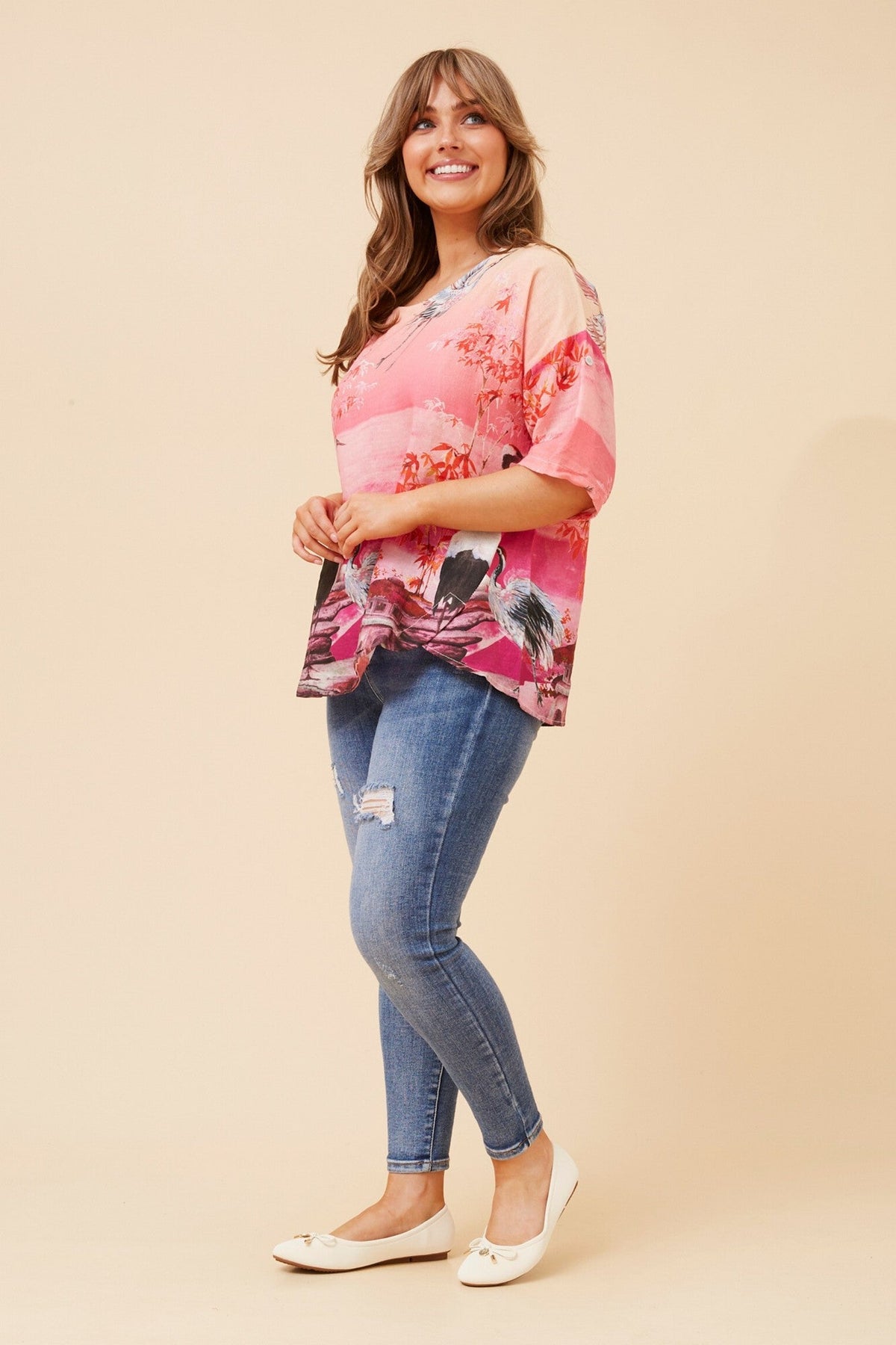 BABS BIRD PRINT LINEN TOP (Multi Pink)