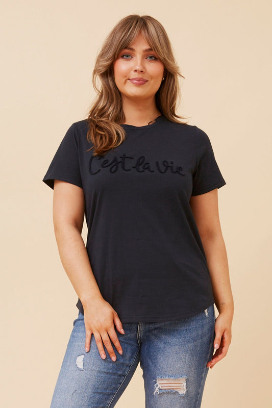 Image of T-Shirts. Product name - JODELLE CESTLAVIE PATTERN TEE in Navy colour by brand - Caroline Morgan Australia
