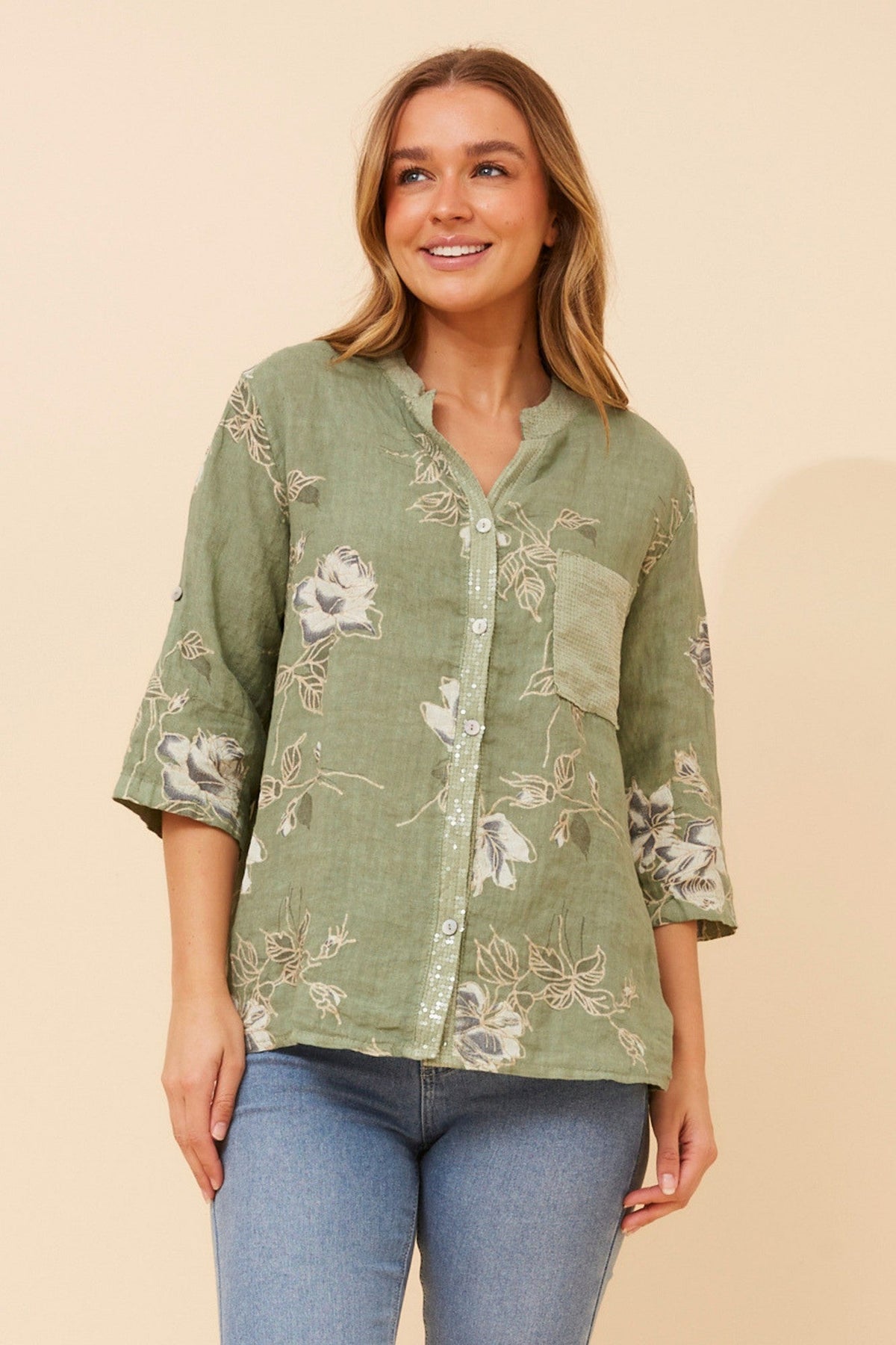 Image of Shirts. Product name - ROSEANNE FLORAL LINEN SHIRT in Light Blue colour by brand - BOTTEGA MODA