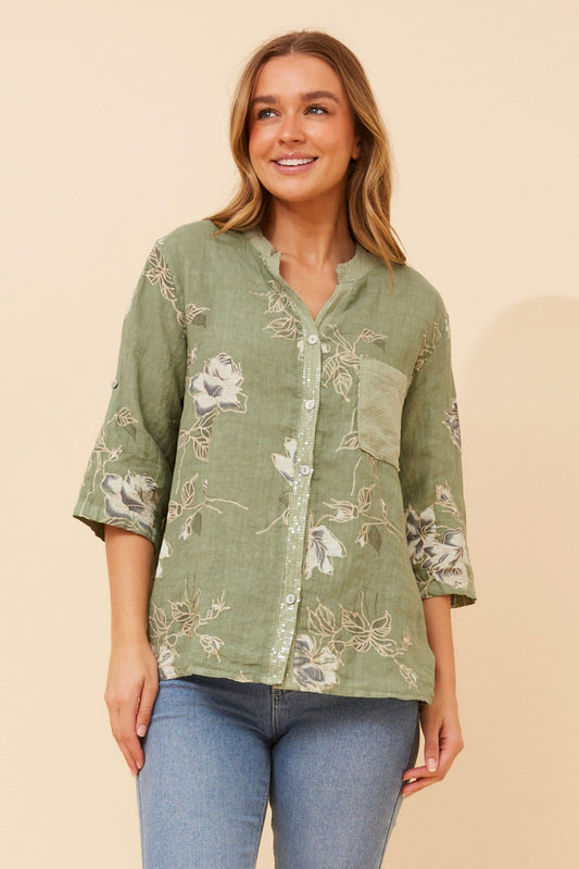 Image of Shirts. Product name - ROSEANNE FLORAL LINEN SHIRT in Light Blue colour by brand - BOTTEGA MODA
