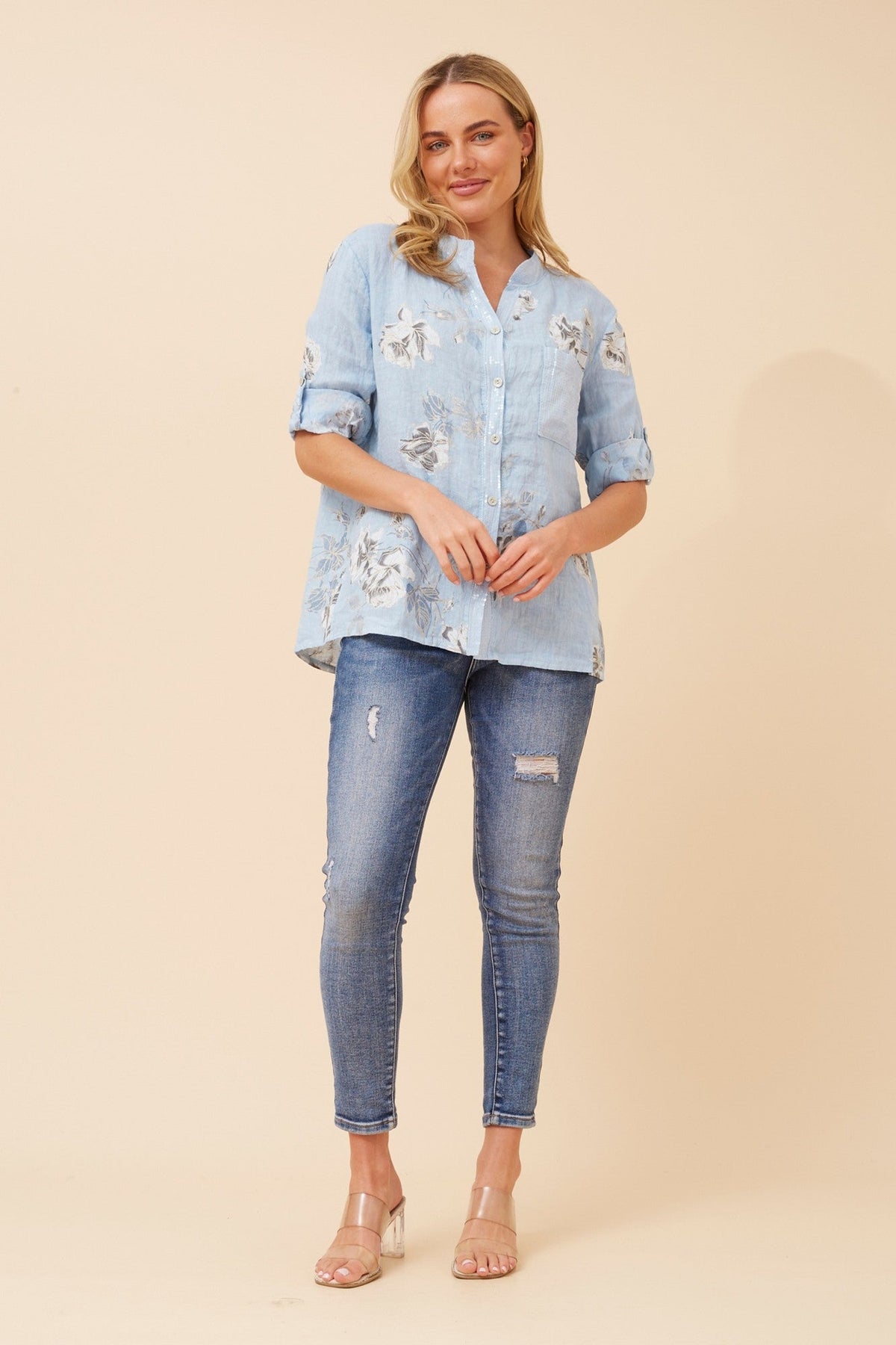ROSEANNE FLORAL LINEN SHIRT (Light Blue)