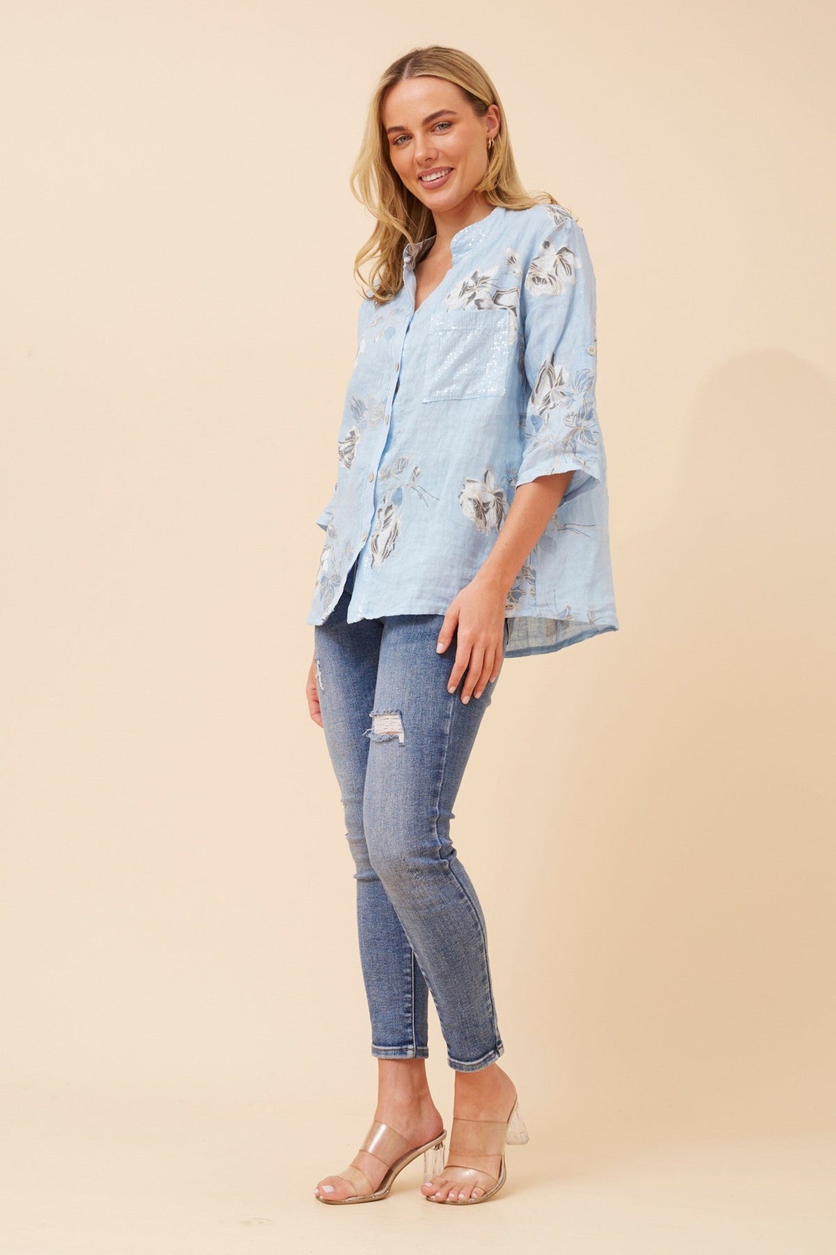 ROSEANNE FLORAL LINEN SHIRT (Light Blue)