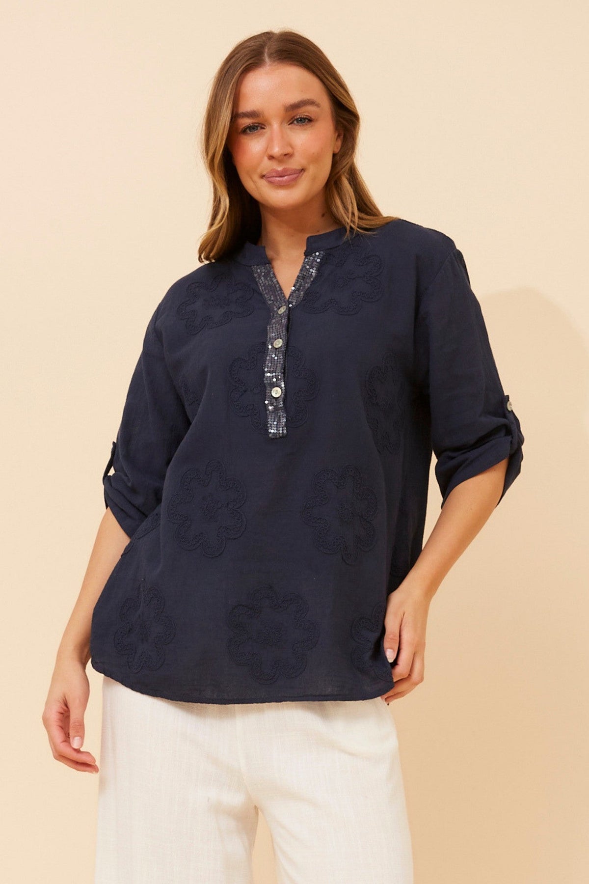 Image of a model wearing Tops. Product name - ROSETTI FLORAL EMBROIDERED TOP in Navy colour by brand - BOTTEGA MODA