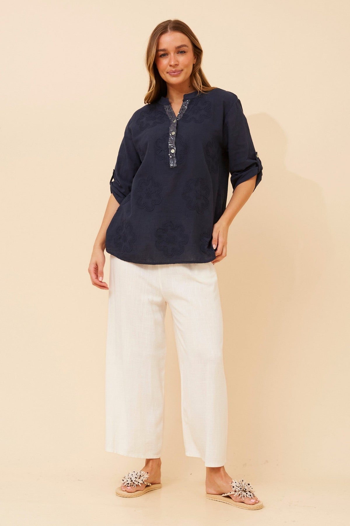 BOTTEGA MODA ROSETTI FLORAL EMBROIDERED TOP (Navy)