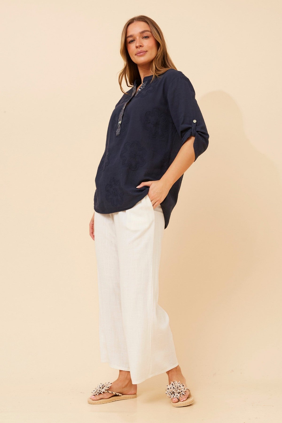 BOTTEGA MODA ROSETTI FLORAL EMBROIDERED TOP (Navy)