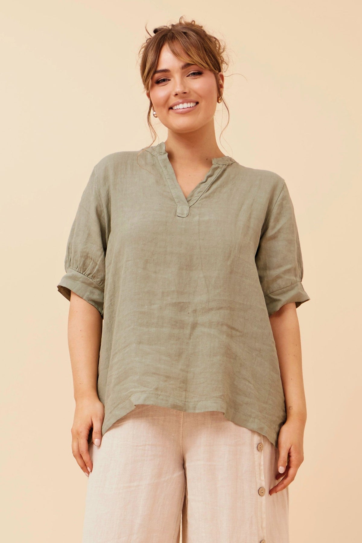 BRULA SOLID LINEN TOP (Khaki)