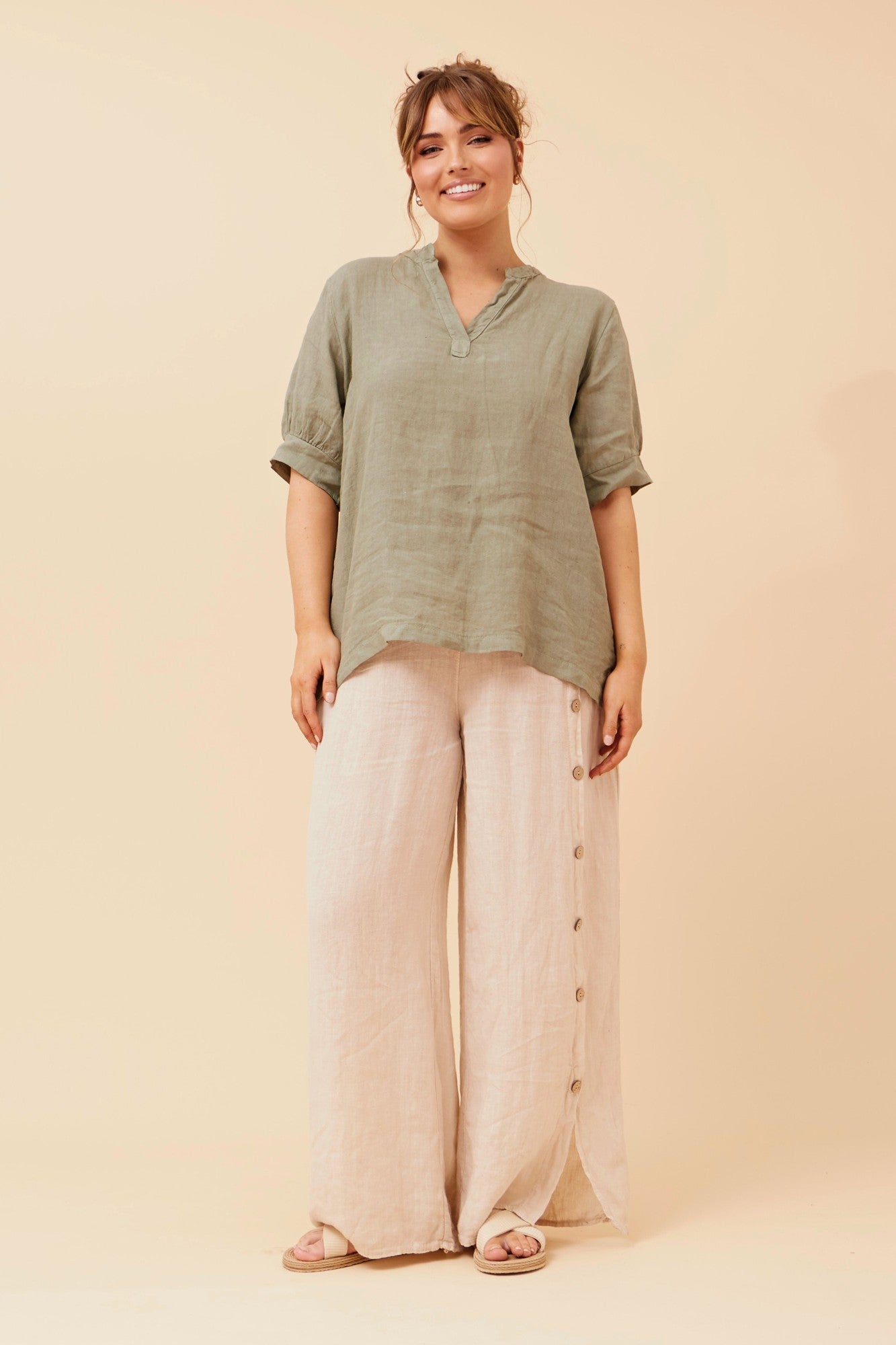BRULA SOLID LINEN TOP (Khaki)