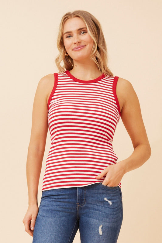 Image of a model wearing Tops. Product name - ROSEMARY STRIPE PRINT TOP in Red colour by brand - Caroline Morgan Australia