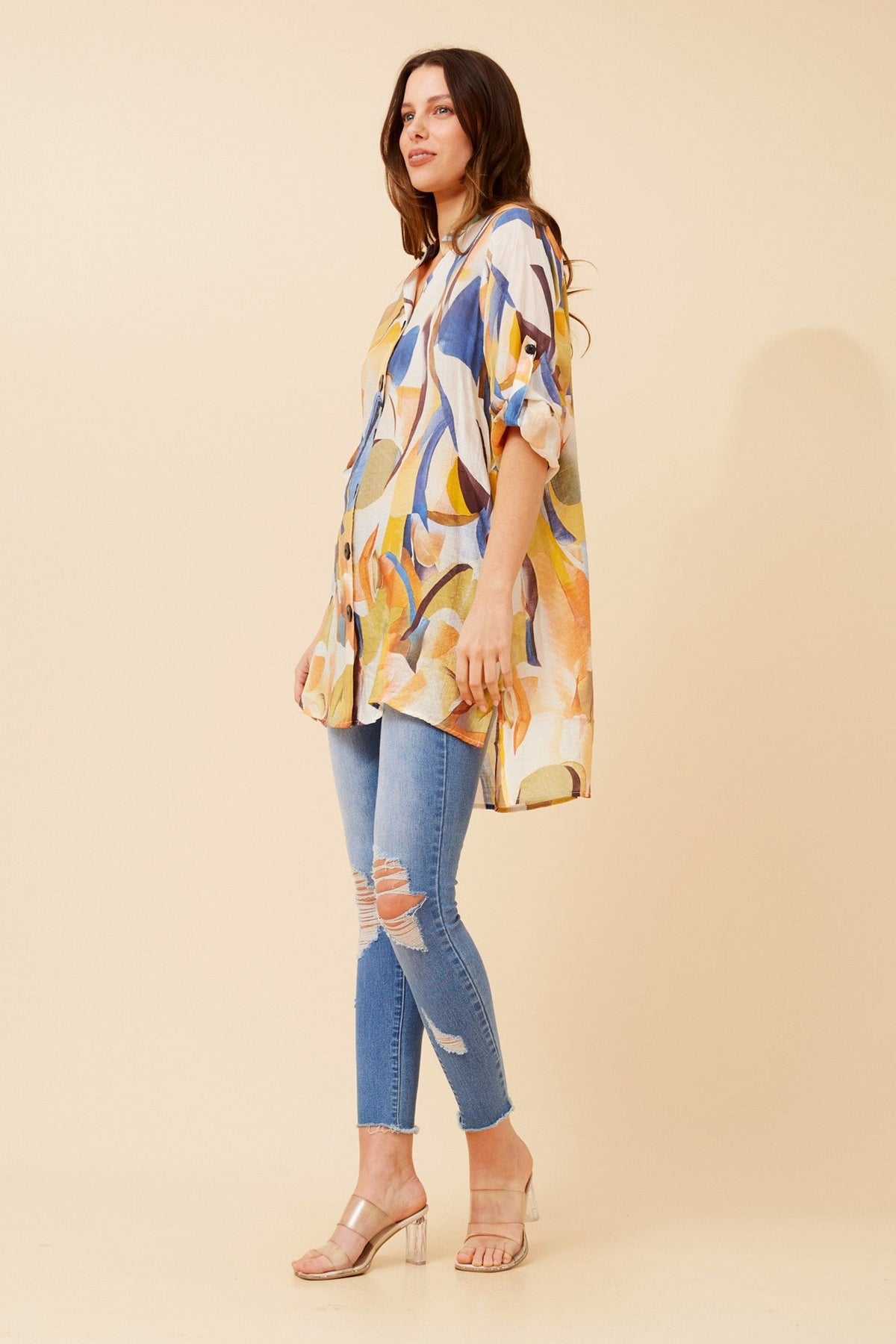 Image of Shirts. Product name - PATIA ABSTRACT PRINT SHIRT in Blue colour by brand - Caroline Morgan Australia