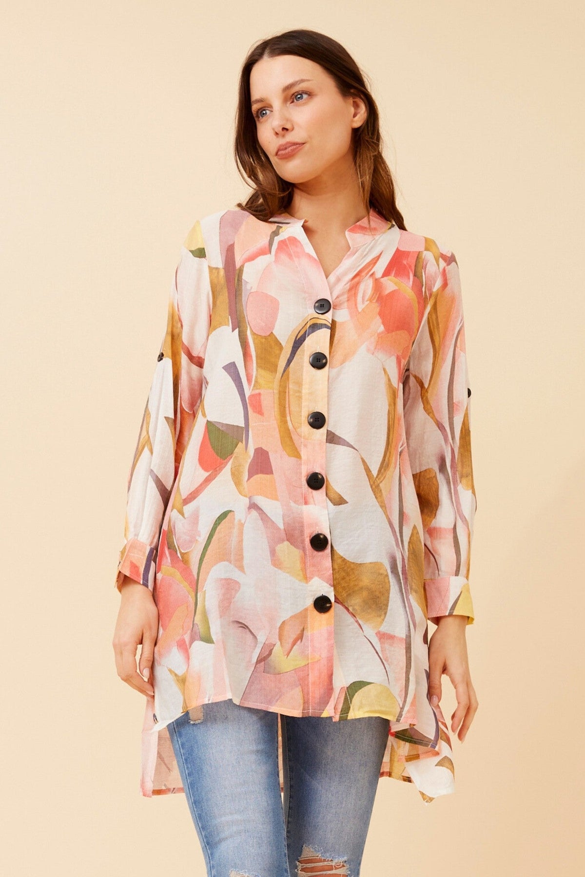 Image of Shirts. Product name - PATIA ABSTRACT PRINT SHIRT in Multi Orange colour by brand - Caroline Morgan Australia