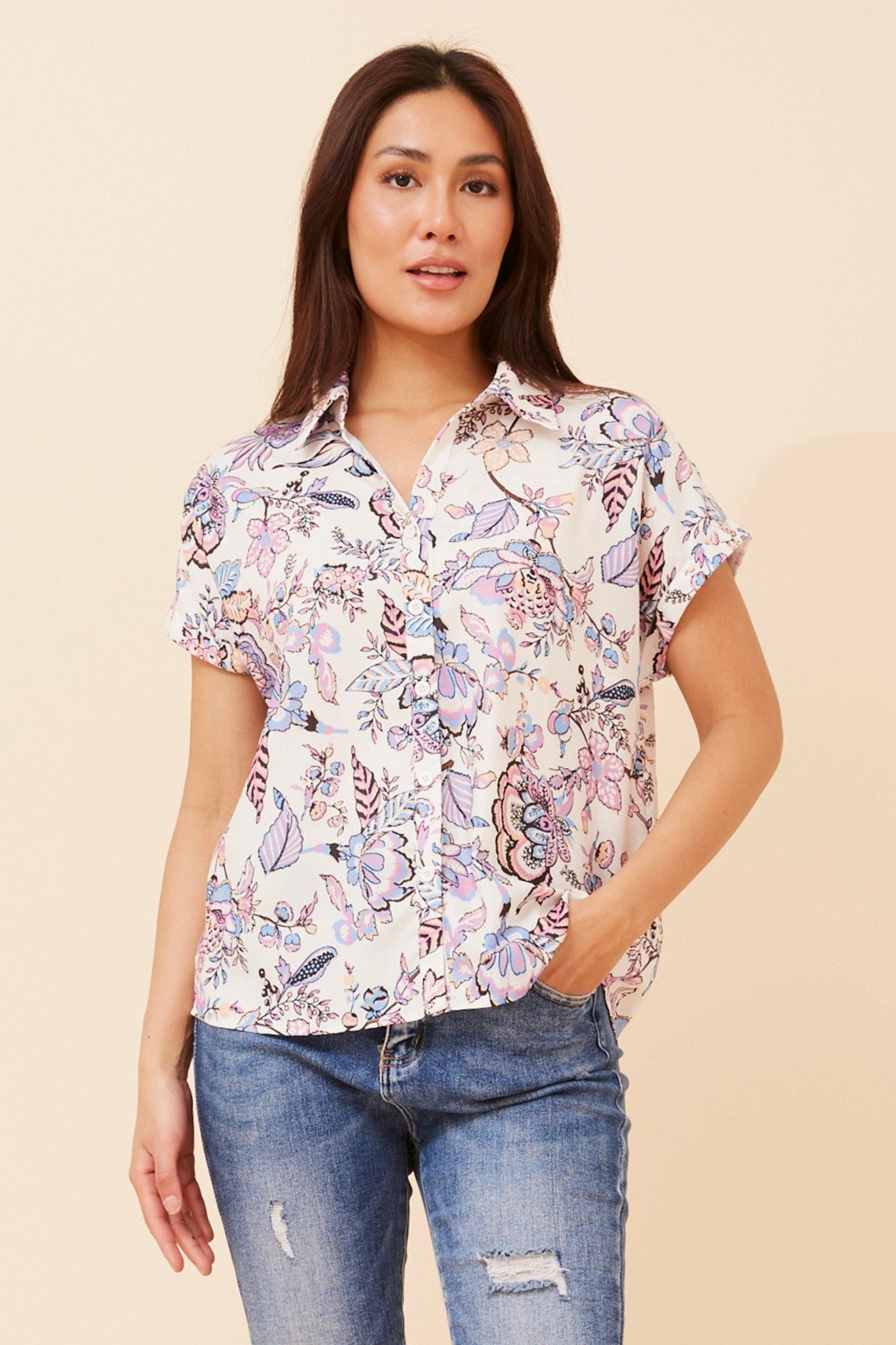 Image of Shirts. Product name - ADRIKA FLORAL SHIRT in Multi Pink colour by brand - Caroline Morgan Australia