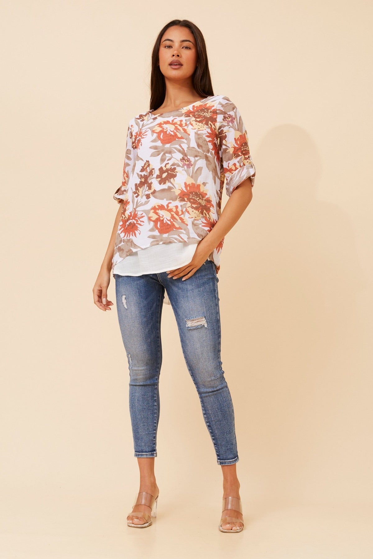 VANDELIA FLORAL DOUBLE LAYERED TOP (Rust)