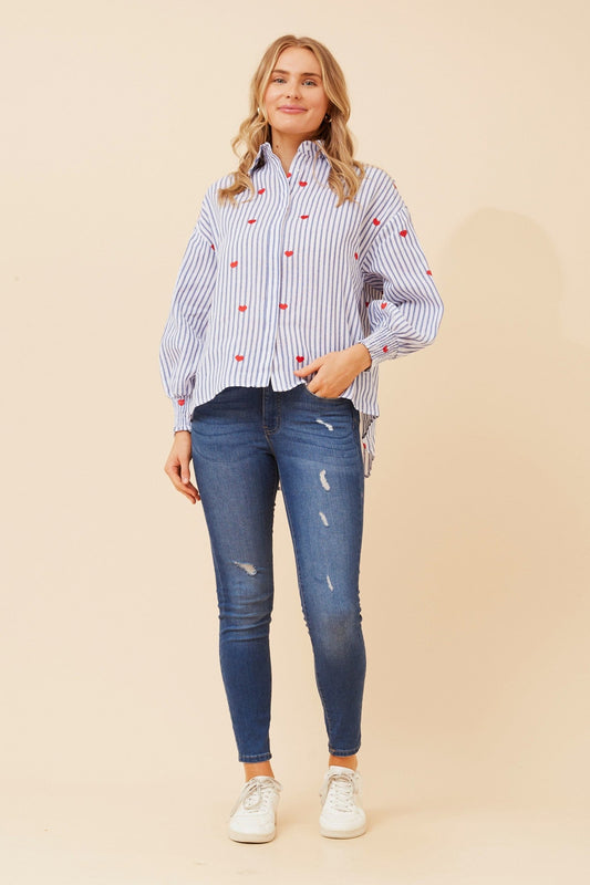 Image of Shirts. Product name - ALESSA STRIPE PRINT SHIRT in Blue colour by brand - Caroline Morgan Australia