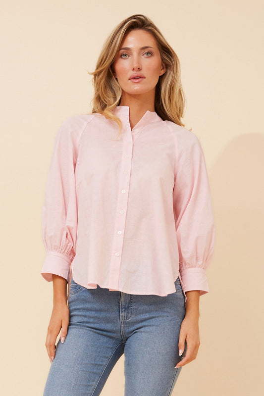 Image of Blouses. Product name - GAYEL SOLID LINEN BLEND BLOUSE in Chocolate colour by brand - Caroline Morgan Australia