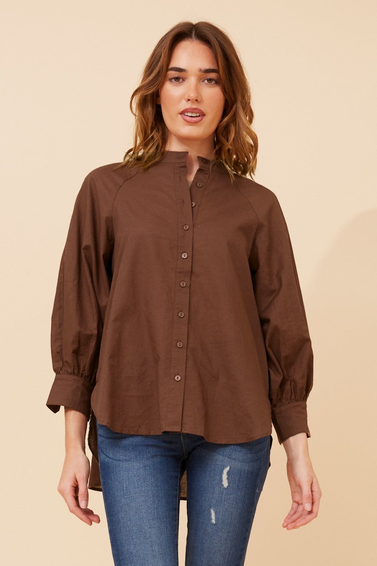 GAYEL SOLID LINEN BLEND BLOUSE (Chocolate)