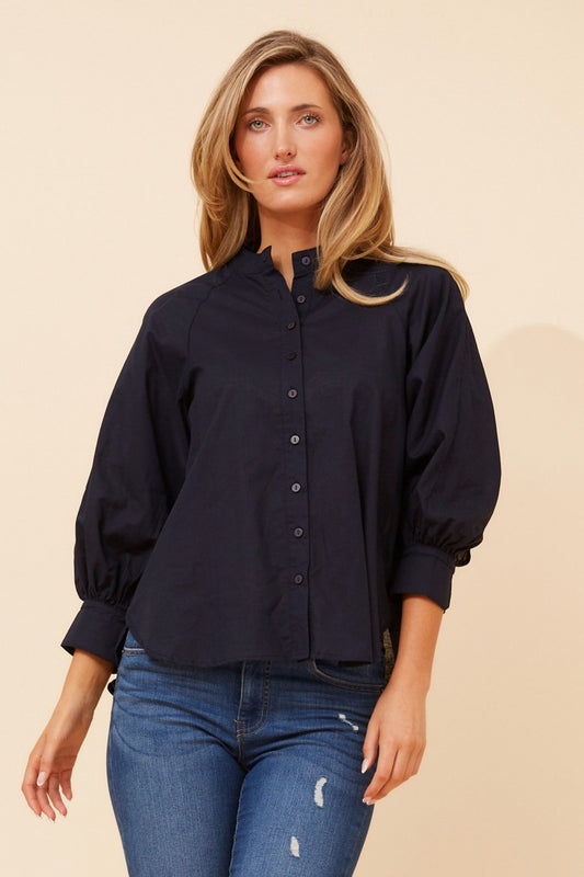 Image of Blouses. Product name - GAYEL SOLID LINEN BLEND BLOUSE in Navy colour by brand - Caroline Morgan Australia
