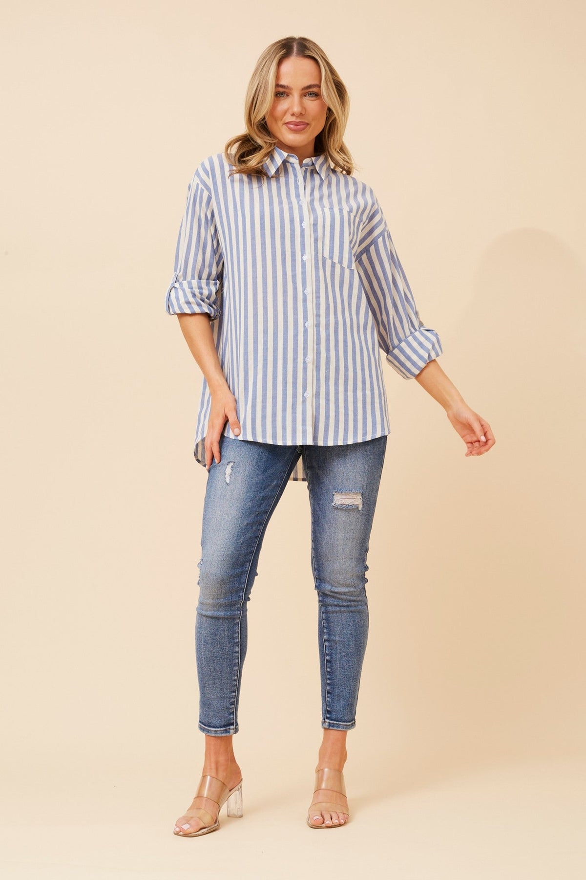 Image of Shirts. Product name - LAURETTA STRIPE PRINT SHIRT in Blue Jean colour by brand - Caroline Morgan Australia