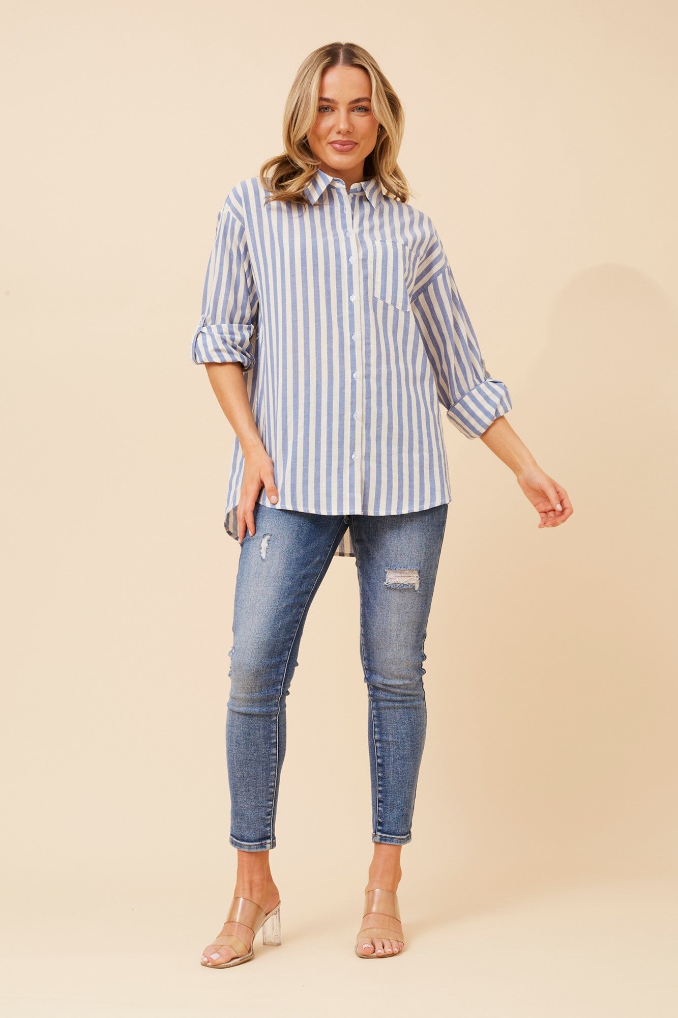 Image of Shirts. Product name - LAURETTA STRIPE PRINT SHIRT in Blue Jean colour by brand - Caroline Morgan Australia