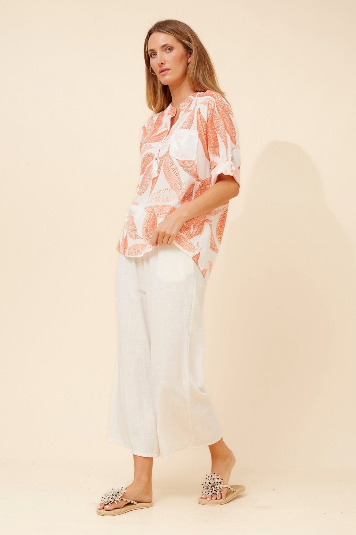 BOTTEGA MODA ROSETTA LEAF PRINT TOP (Coral)