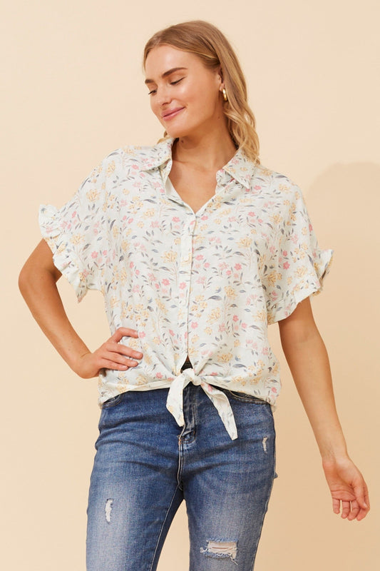 Image of Shirts. Product name - CALANDRA FLORAL SHIRT in Mint colour by brand - Caroline Morgan Australia