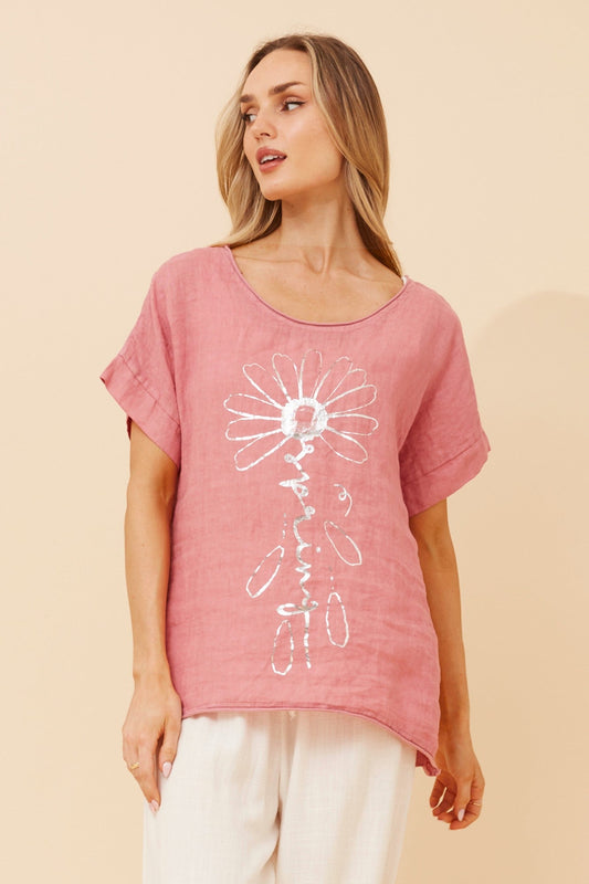 Image of a model wearing Tops. Product name - PALIMA FOIL PRINT LINEN TOP in White colour by brand - BOTTEGA MODA