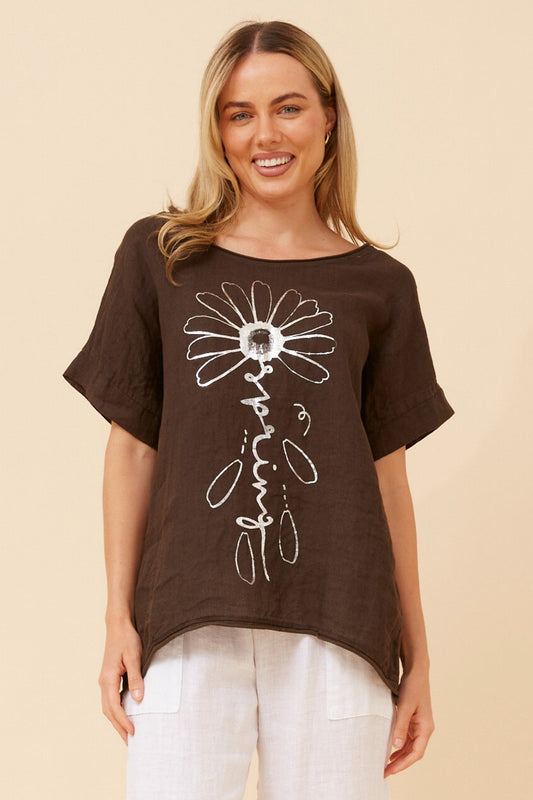 Image of a model wearing Tops. Product name - PALIMA FOIL PRINT LINEN TOP in Bitter Chocolate colour by brand - BOTTEGA MODA