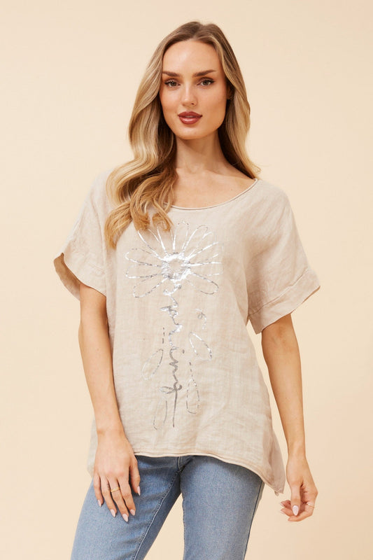 Image of a model wearing Tops. Product name - PALIMA FOIL PRINT LINEN TOP in Stone colour by brand - BOTTEGA MODA