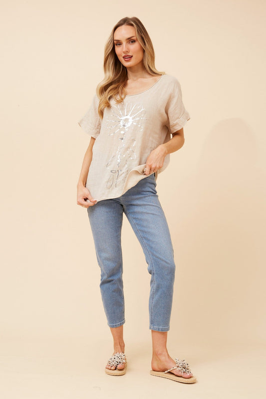 BOTTEGA MODA PALIMA FOIL PRINT LINEN TOP (Stone)