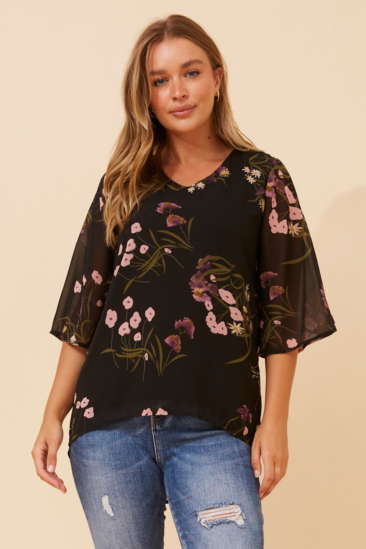 Image of Blouses. Product name - VERNA FLORAL PRINT BLOUSE in Black colour by brand - Caroline Morgan Australia