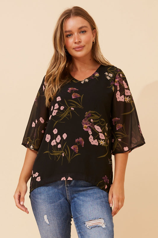 Image of Blouses. Product name - VERNA FLORAL PRINT BLOUSE in Black colour by brand - Caroline Morgan Australia