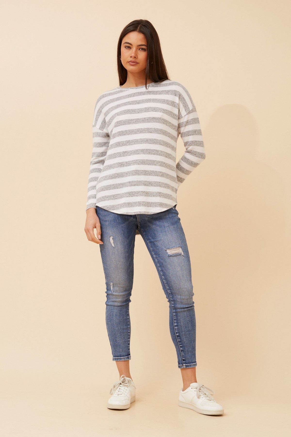 Image of a model wearing Tops. Product name - EVA STRIPE PRINT TOP in Grey colour by brand - Caroline Morgan Australia