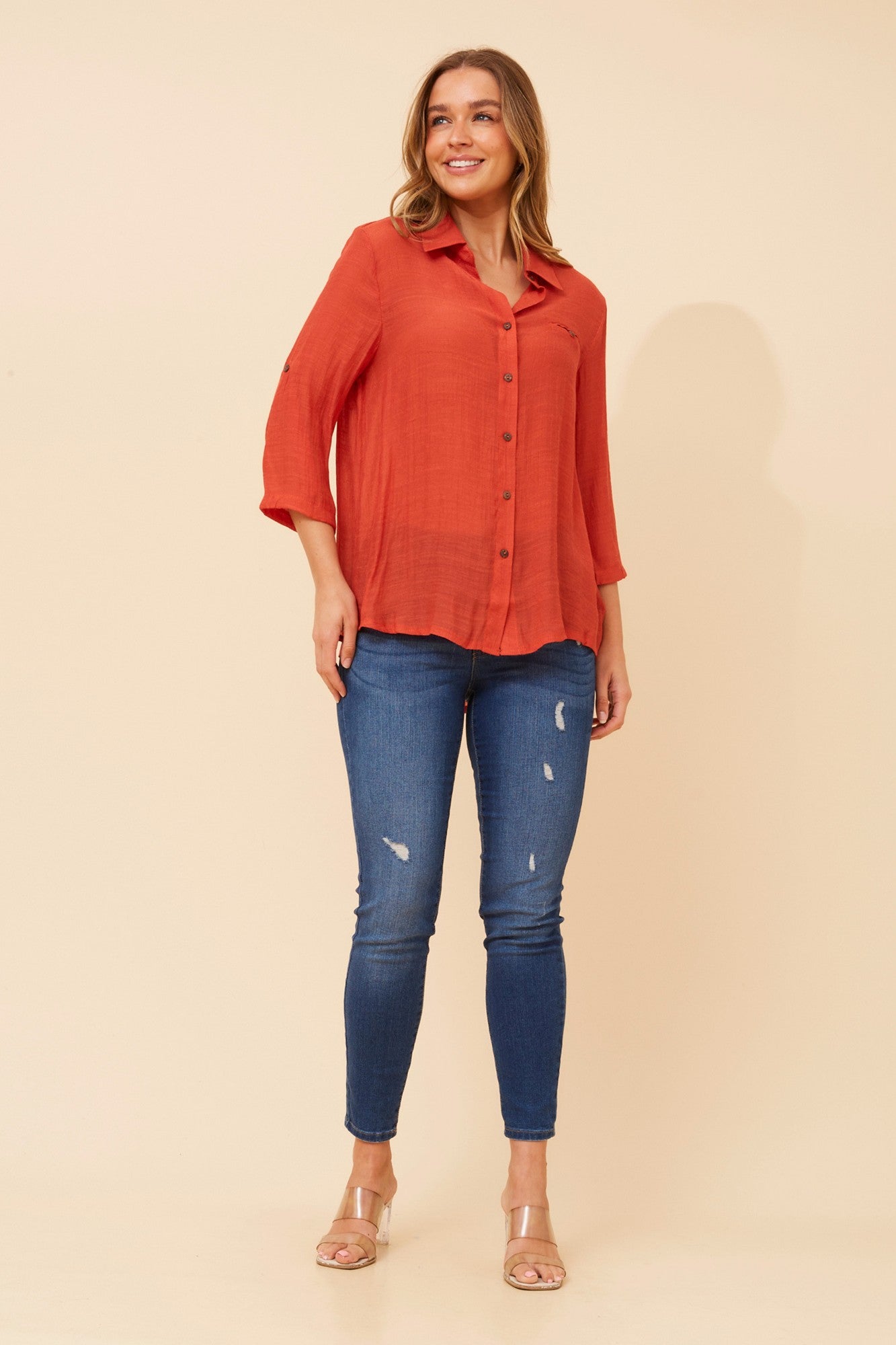Image of Shirts. Product name - VIRELLE SOLID SHIRT in Burnt Sienna colour by brand - Caroline Morgan Australia