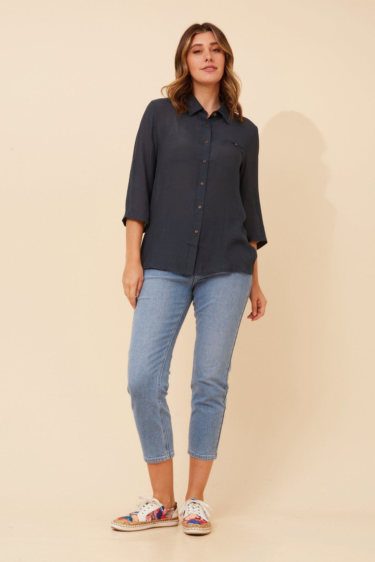 Image of Shirts. Product name - VIRELLE SOLID SHIRT in Navy colour by brand - Caroline Morgan Australia