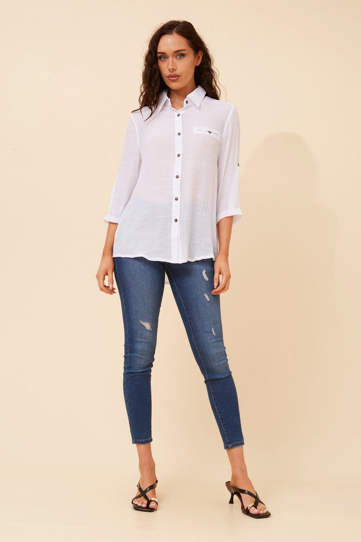 Image of Shirts. Product name - VIRELLE SOLID SHIRT in White colour by brand - Caroline Morgan Australia