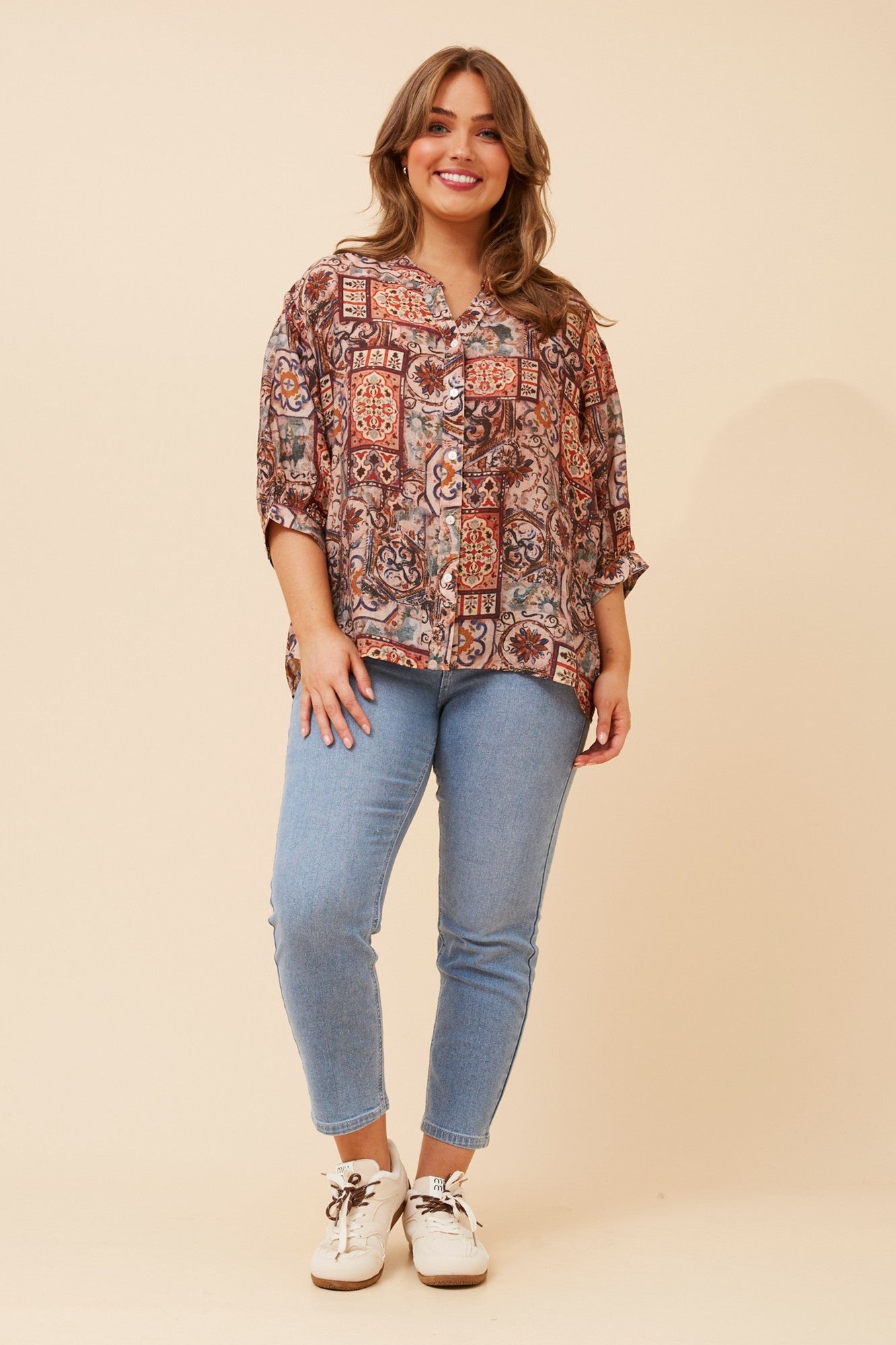 BELINA PATCHWORK PRINT SHIRT (Chocolate)