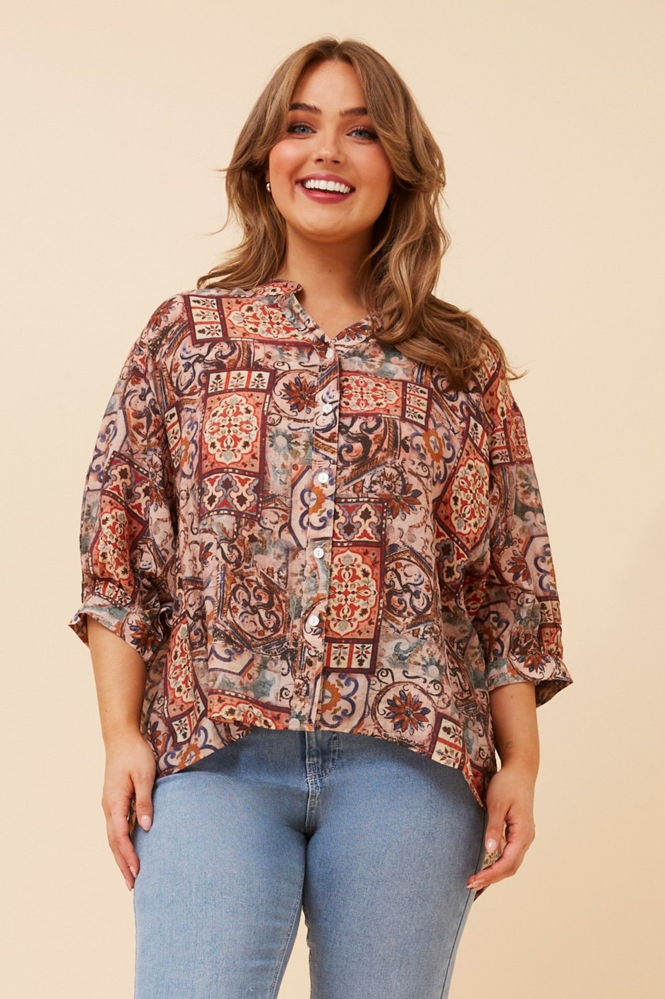 BELINA PATCHWORK PRINT SHIRT (Chocolate)