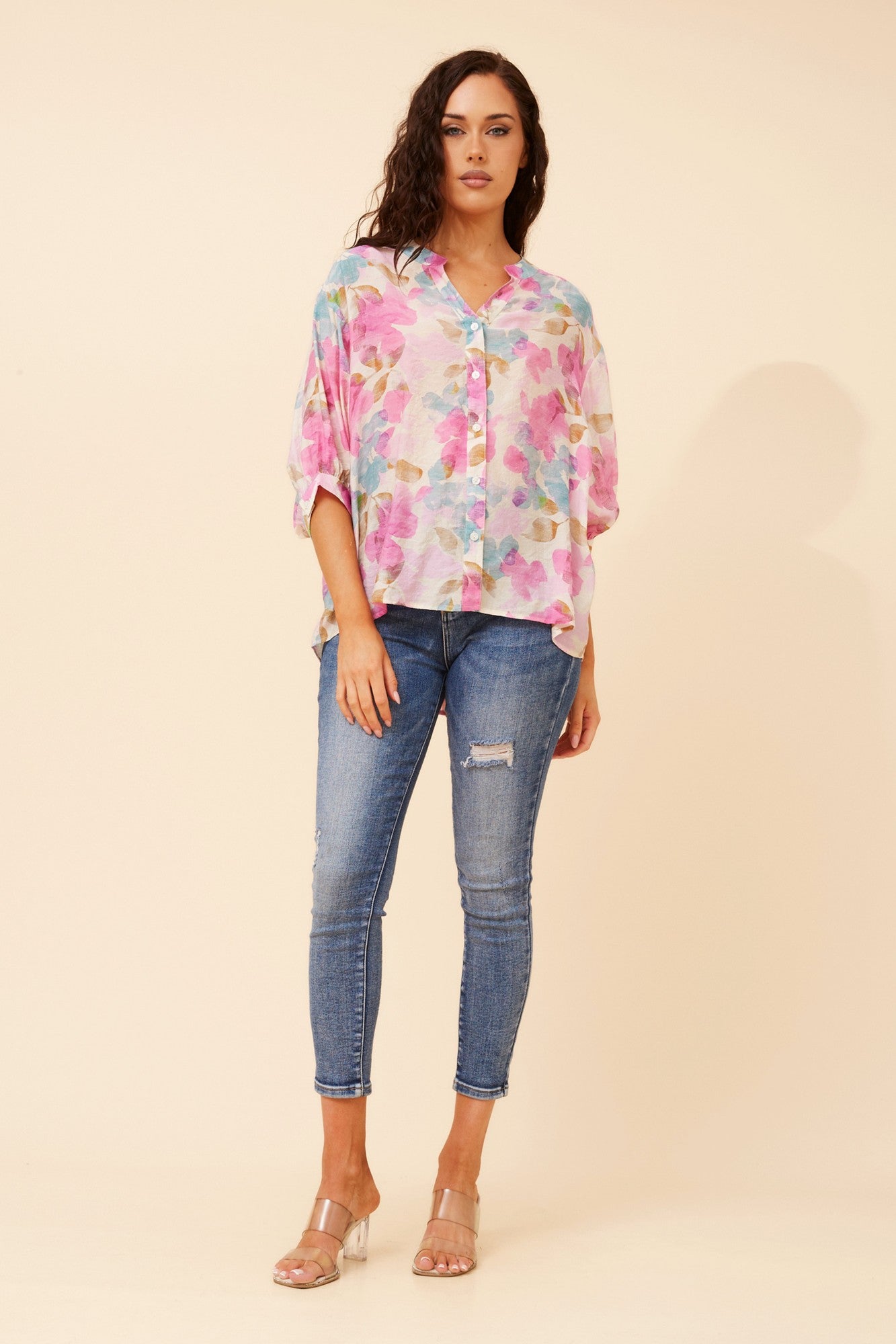 BELINA LEAF PRINT SHIRT (Multi Pink)