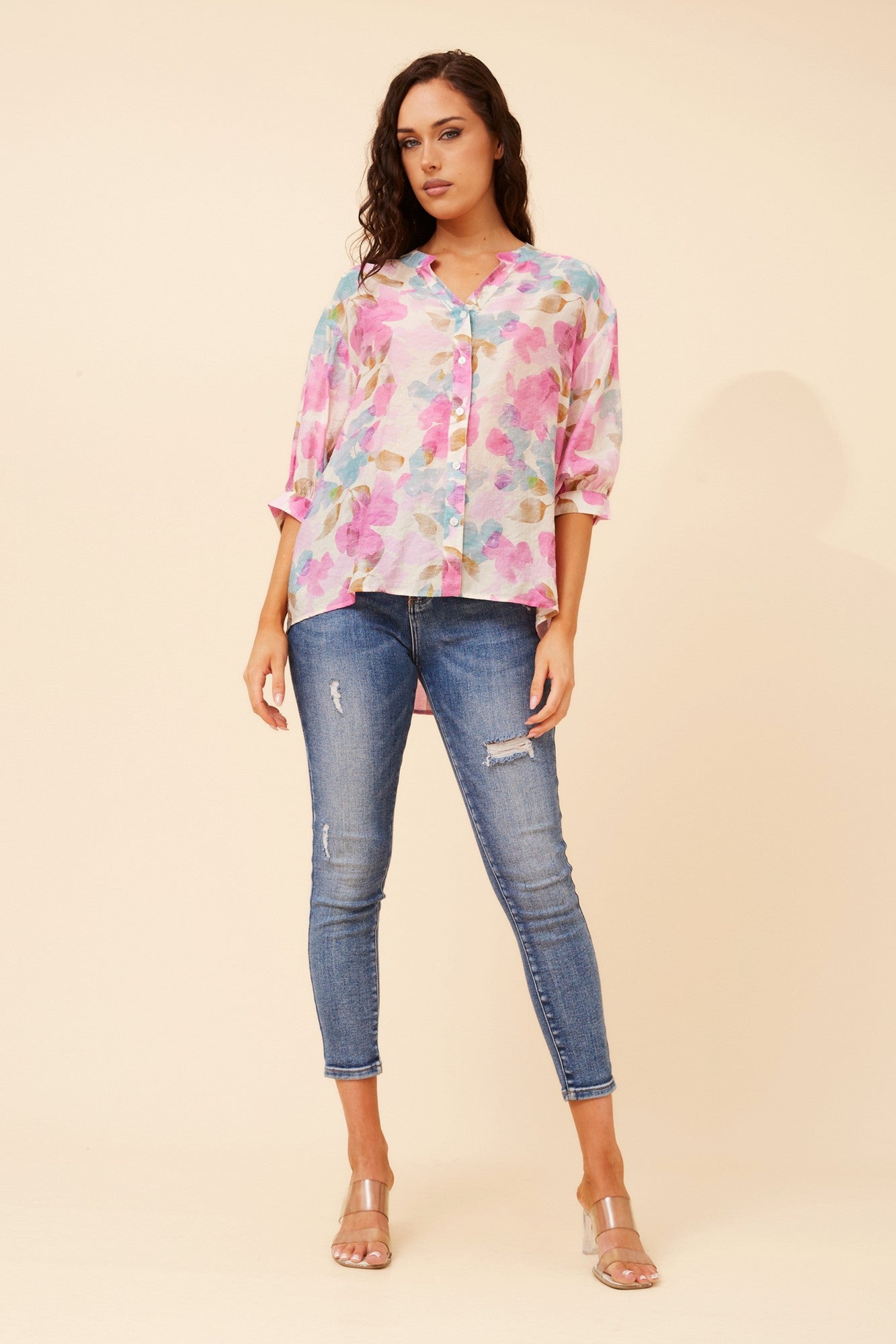 BELINA LEAF PRINT SHIRT (Multi Pink)