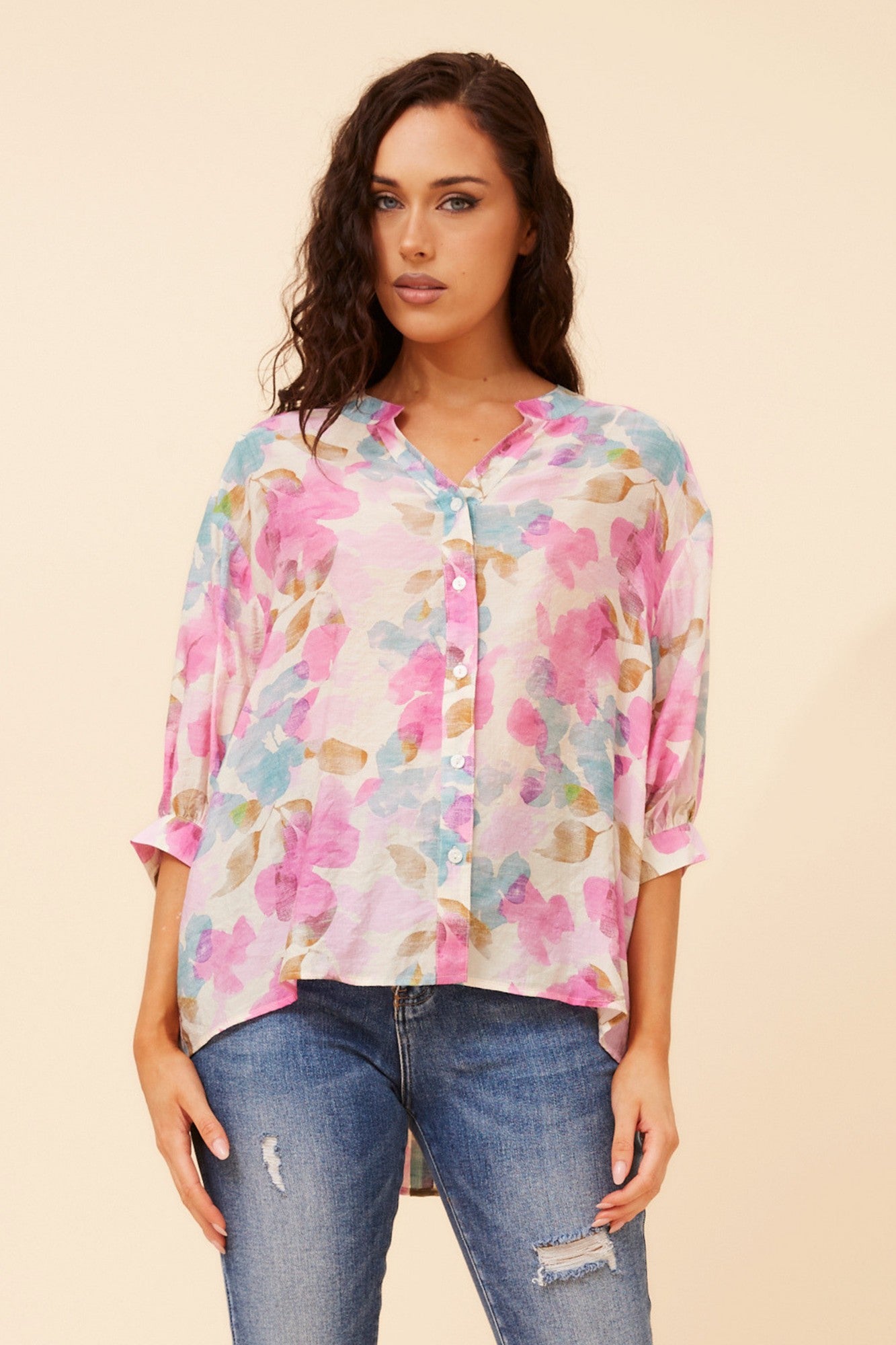 BELINA LEAF PRINT SHIRT (Multi Pink)