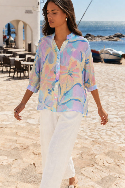 Image of Shirts. Product name - BELINA FLORAL SHIRT in Blue colour by brand - Caroline Morgan Australia
