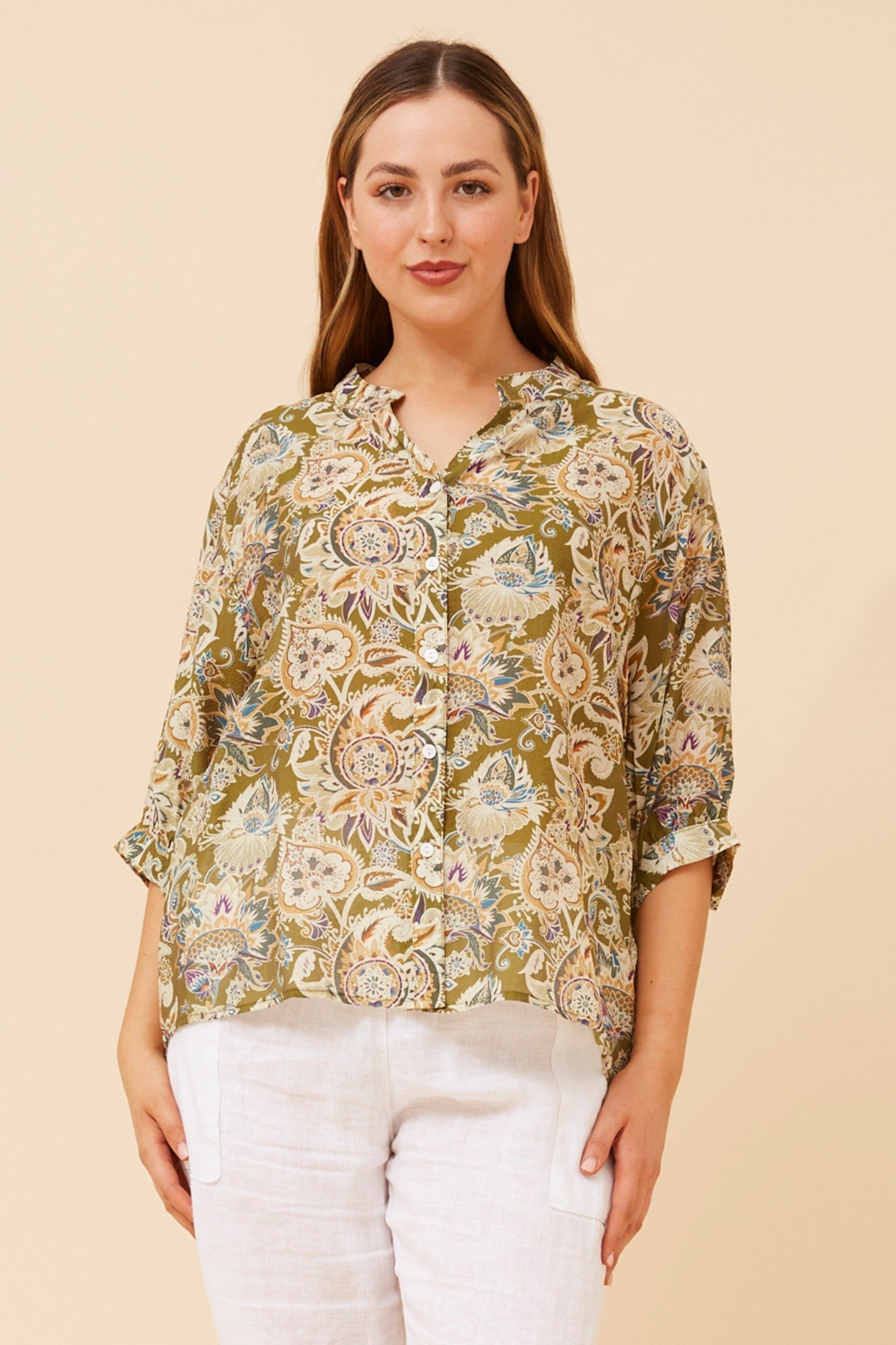 Image of Shirts. Product name - BELINA FLORAL SHIRT in Chartreuse colour by brand - Caroline Morgan Australia