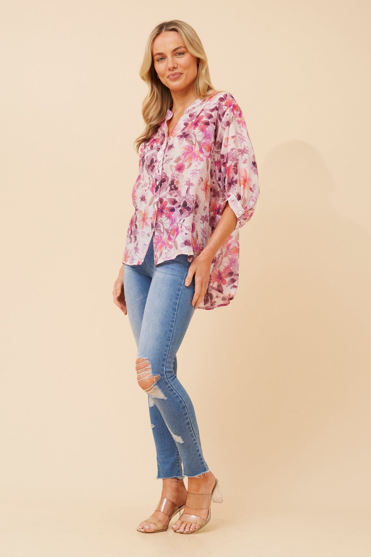 Image of Shirts. Product name - BELINA FLORAL SHIRT in Pink colour by brand - Caroline Morgan Australia