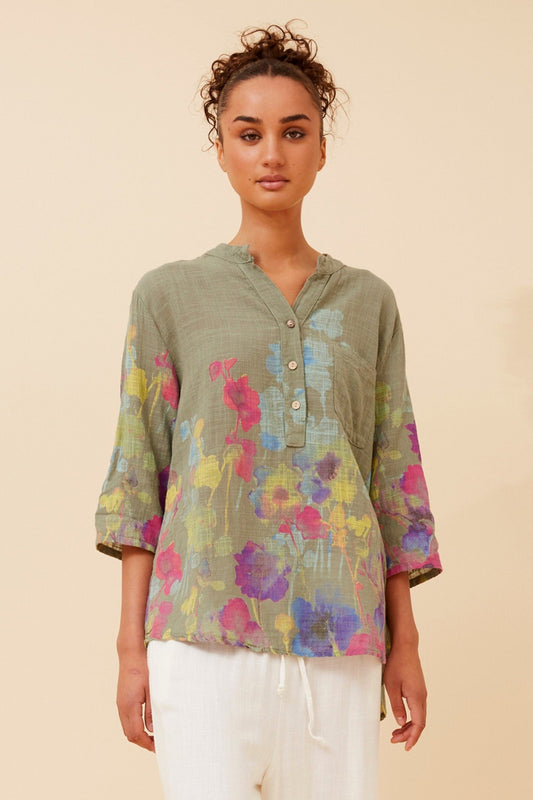 Image of a model wearing Tops. Product name - ROSETTA FLORAL TOP in Khaki colour by brand - BOTTEGA MODA