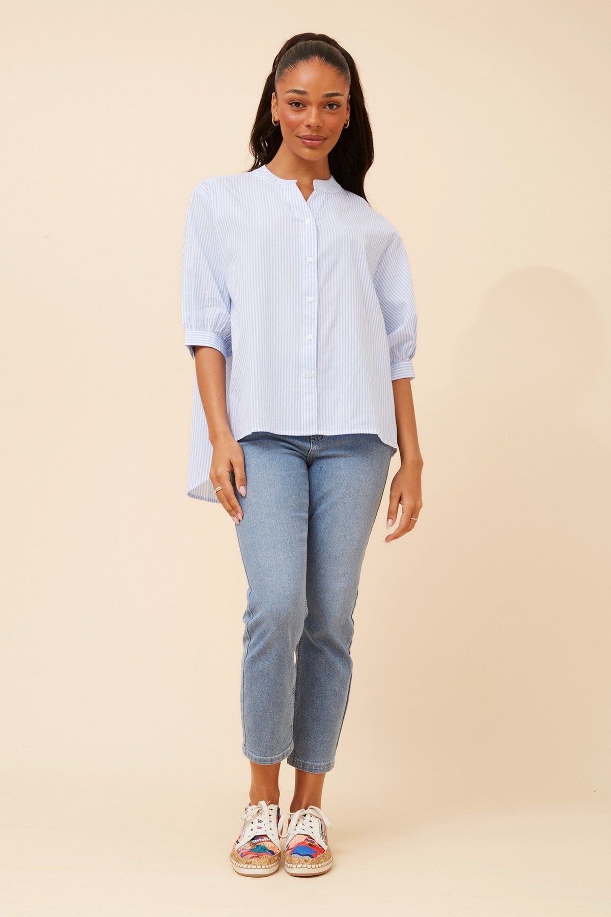 Image of Shirts. Product name - BELINA STRIPE PRINT SHIRT in Chocolate colour by brand - Caroline Morgan Australia